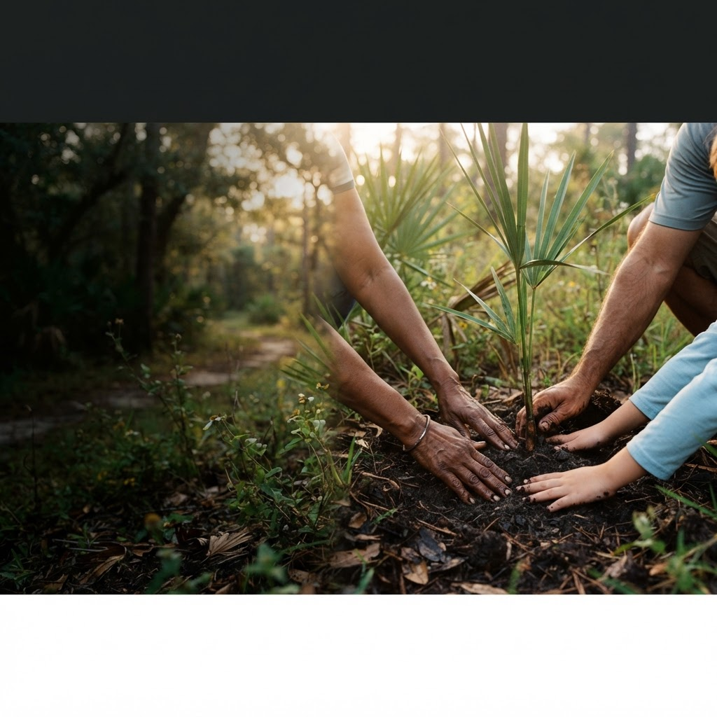 Hands planting a young tree in a community garden